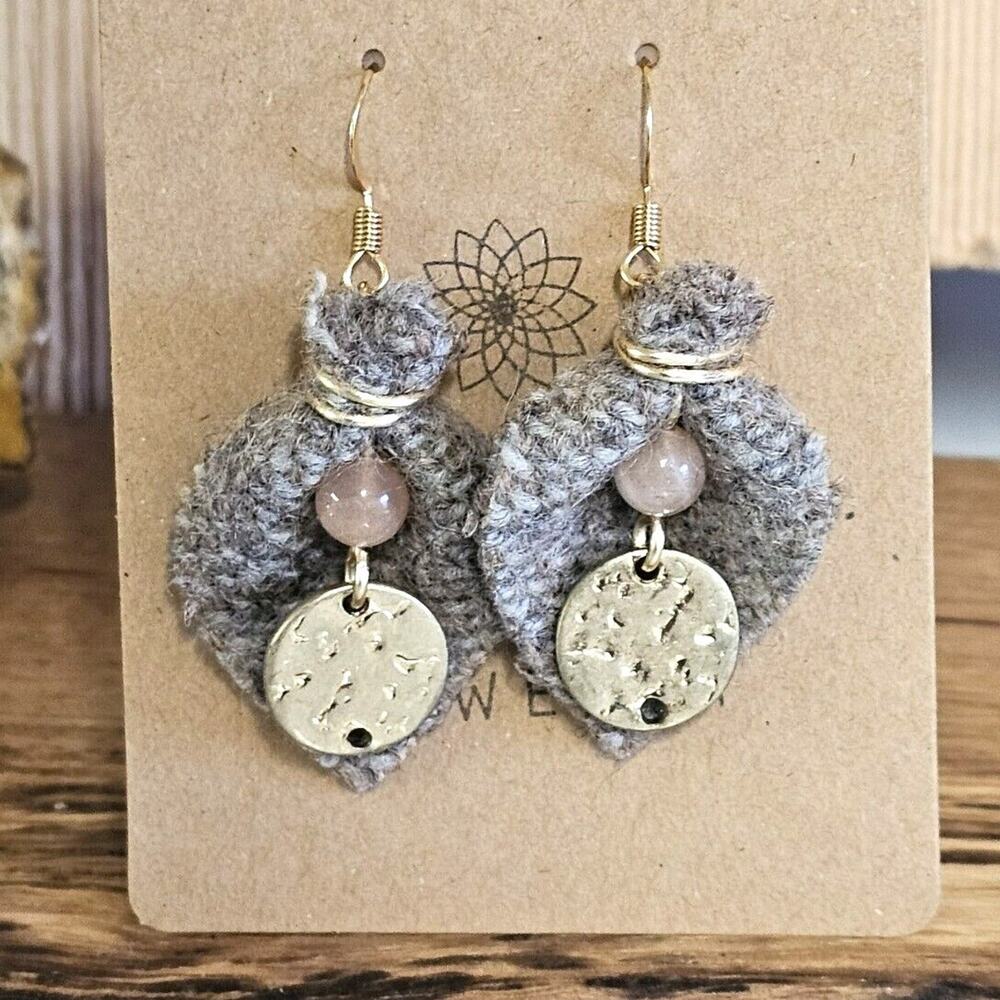Handmade Earrings Wool Peach Moonstone Gold Tone Upcycled Sustainable Jewelry